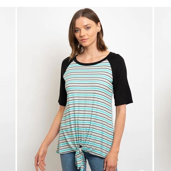 Women's STRIPES FRONT TIE TOP - Picture 2 of 3